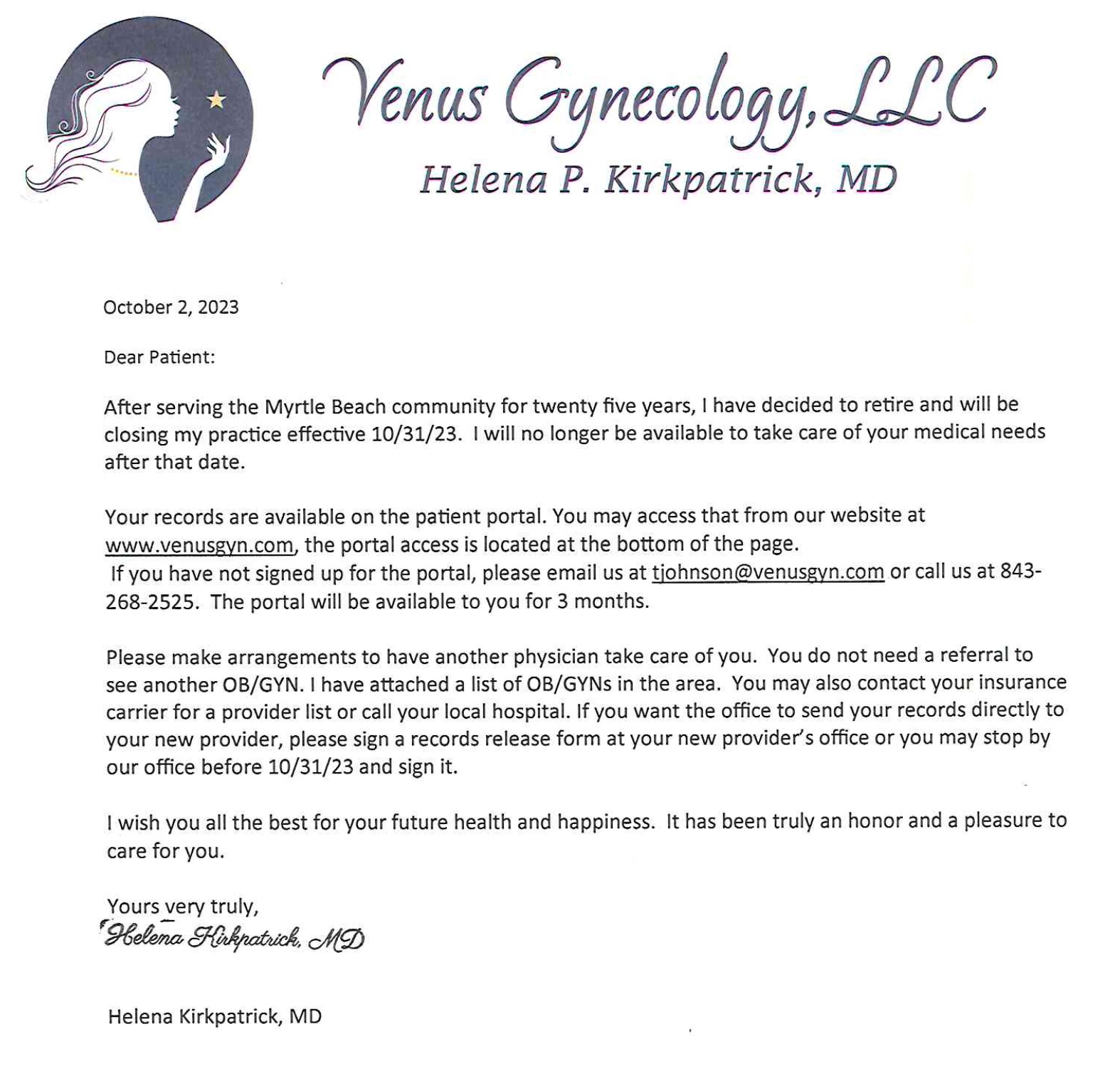Retirement Letter from Dr. Helena P. Kirkpatrick